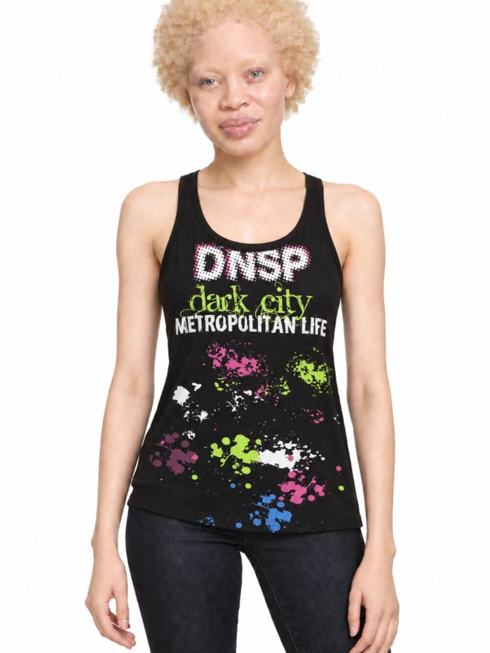 Women’s Black DNSP Dark City Graphic Tank Top – Multicolour Paint Splatter